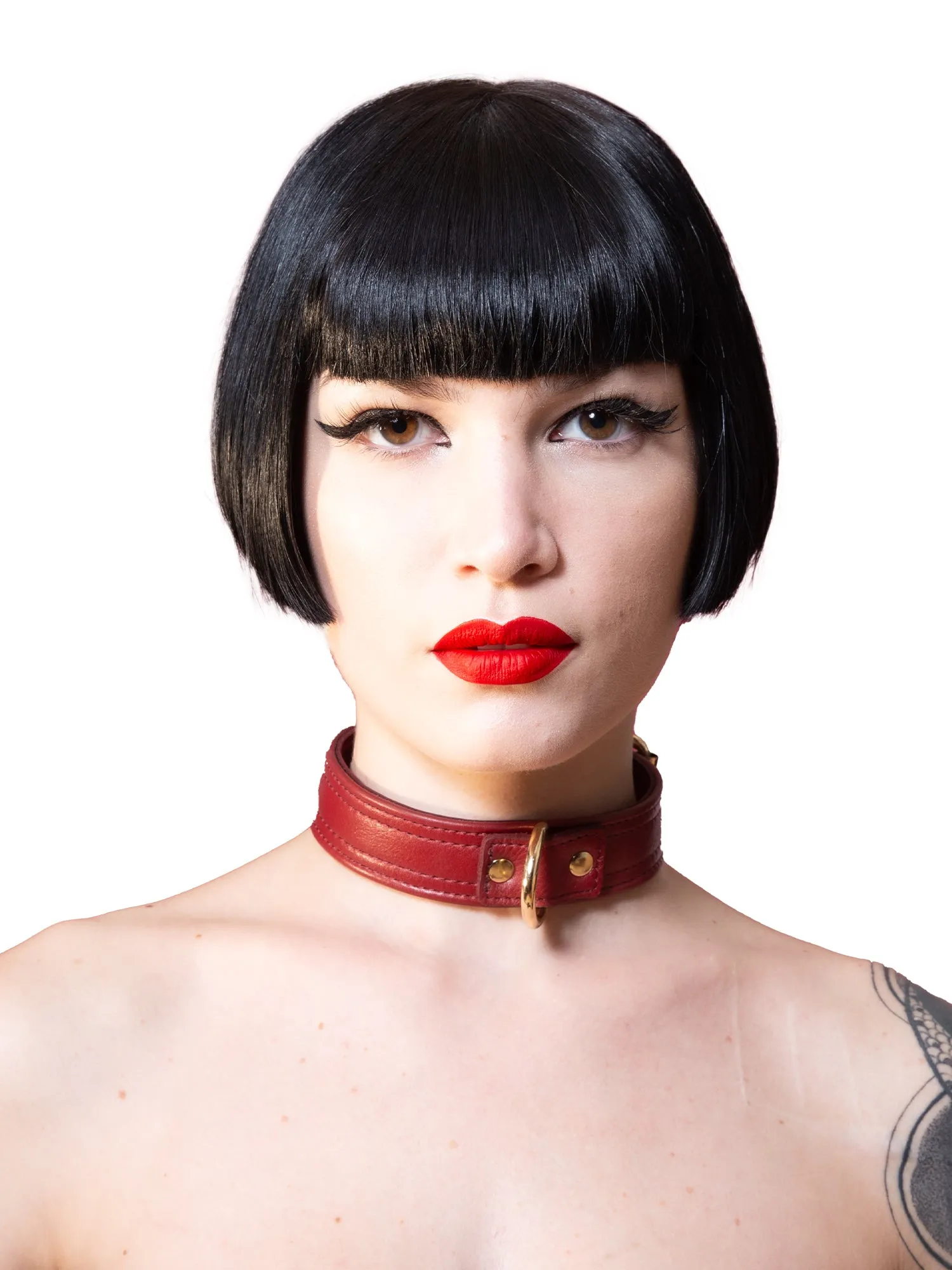 Burgundy Leather Collar with Gold Hardware