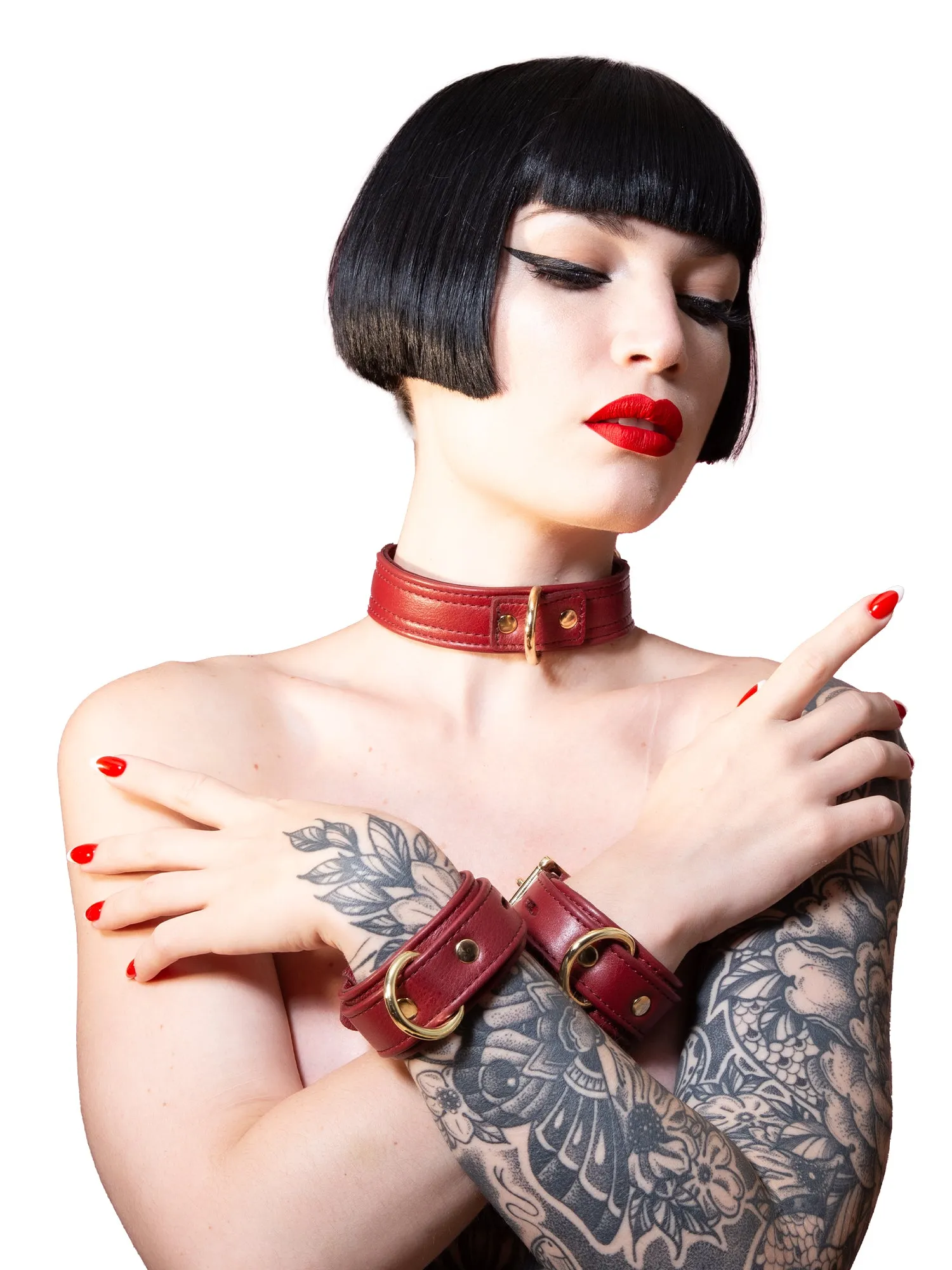 Burgundy Leather Collar with Gold Hardware