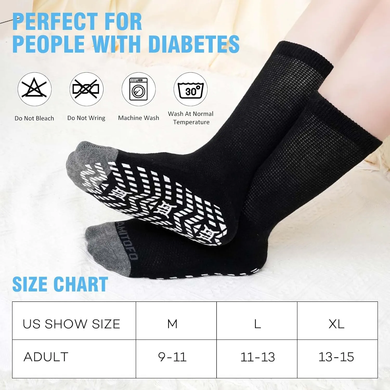 CaiDieNu Non Slip Diabetic Socks: 4 Pairs Extra Wide Hospital Socks for Men Women with Grips Elderly Edema 9-15