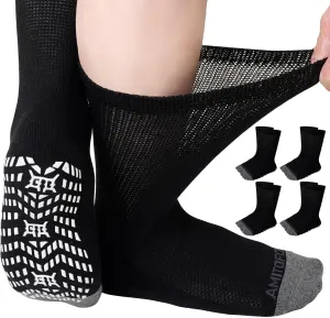 CaiDieNu Non Slip Diabetic Socks: 4 Pairs Extra Wide Hospital Socks for Men Women with Grips Elderly Edema 9-15