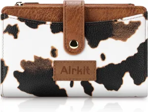 Cow Print Wallets for Women Bifold Credit Card Holder, Rfid Blocking, ID Window, Western Slim Wallet with Zipper Coin Pocket for Ladies, Coffee Brown