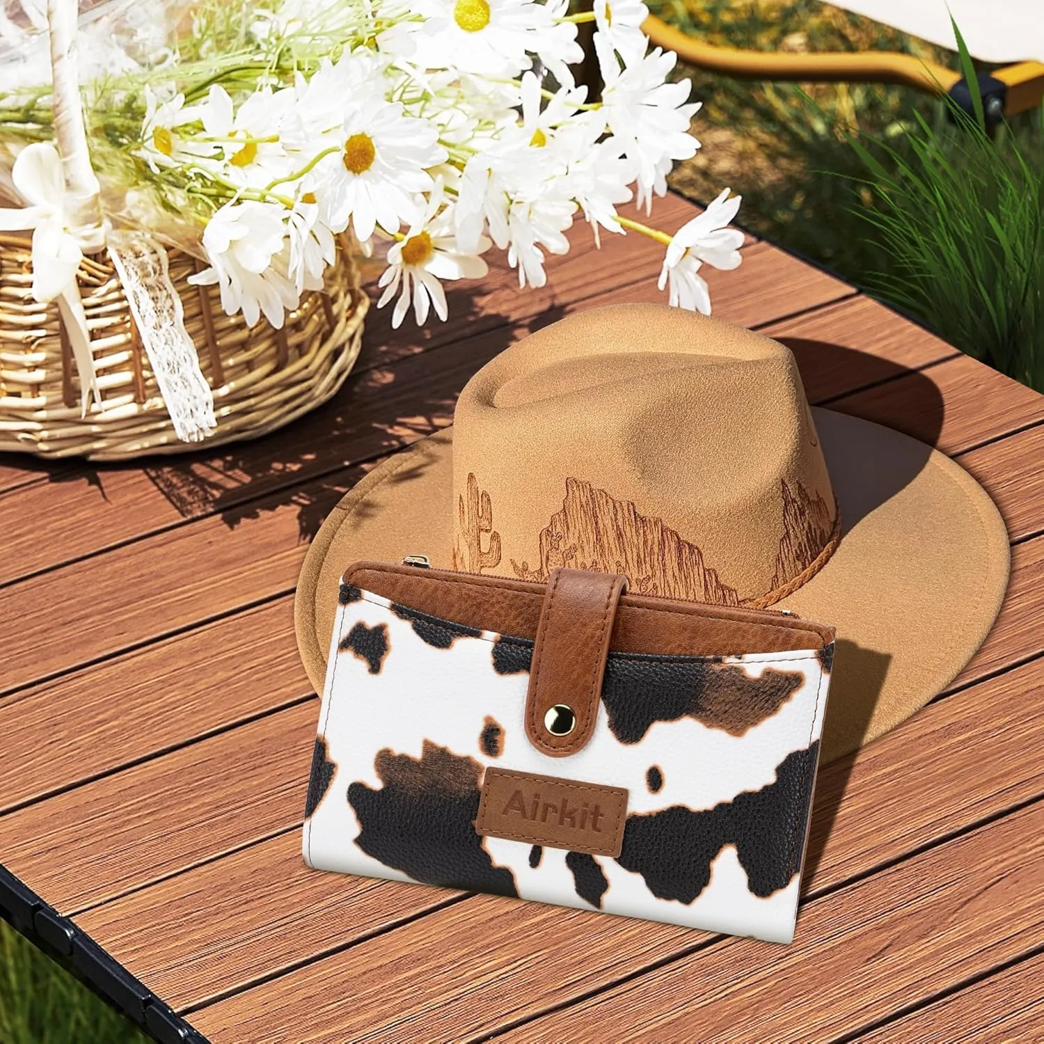 Cow Print Wallets for Women Bifold Credit Card Holder, Rfid Blocking, ID Window, Western Slim Wallet with Zipper Coin Pocket for Ladies, Coffee Brown