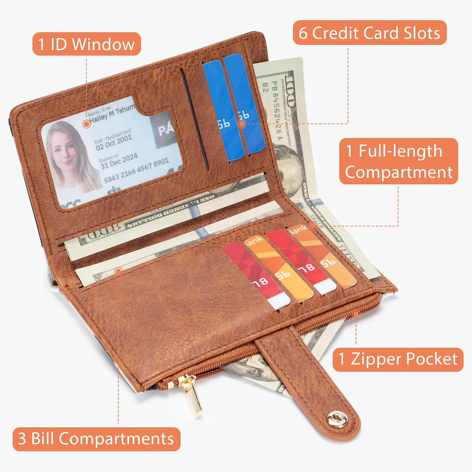 Cow Print Wallets for Women Bifold Credit Card Holder, Rfid Blocking, ID Window, Western Slim Wallet with Zipper Coin Pocket for Ladies, Coffee Brown