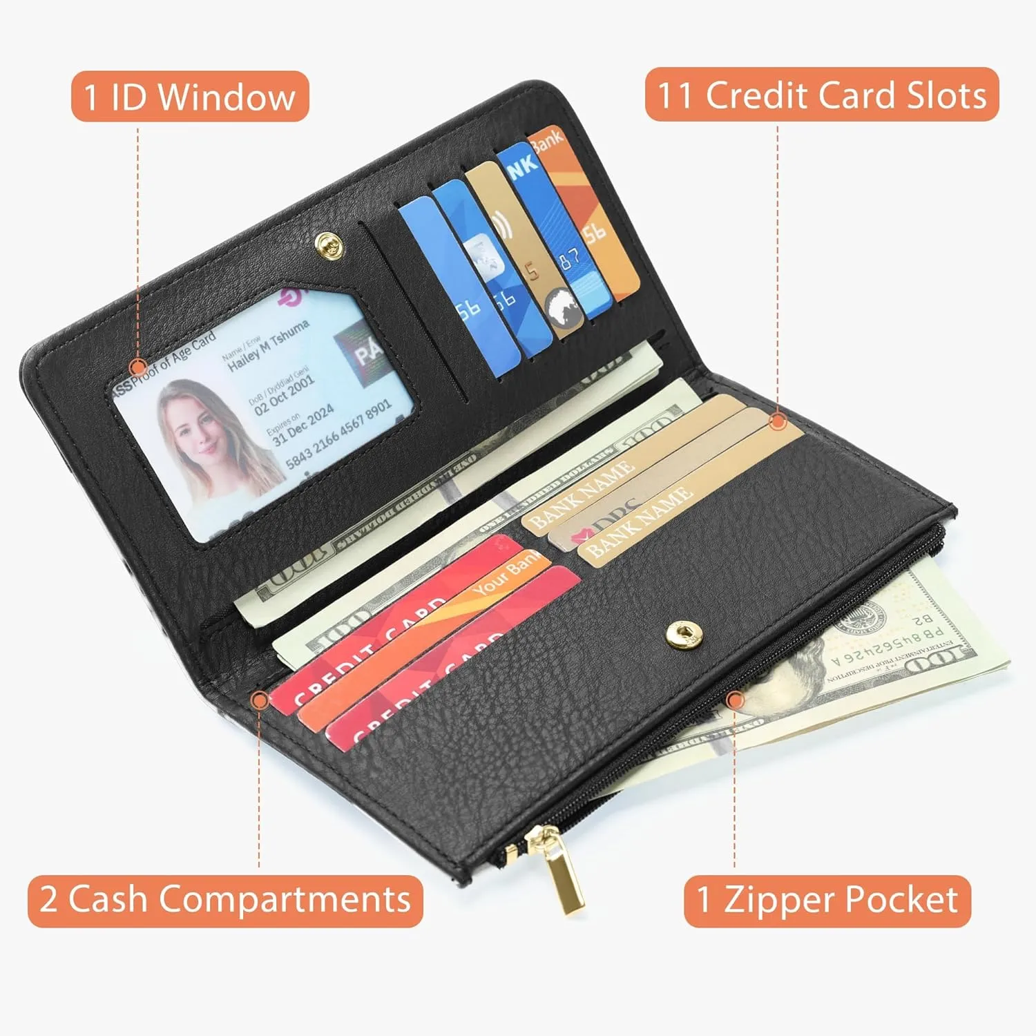 Cow Print Wallets for Women Bifold Credit Card Holder, Rfid Blocking, ID Window, Western Slim Wallet with Zipper Coin Pocket for Ladies, Cow Black