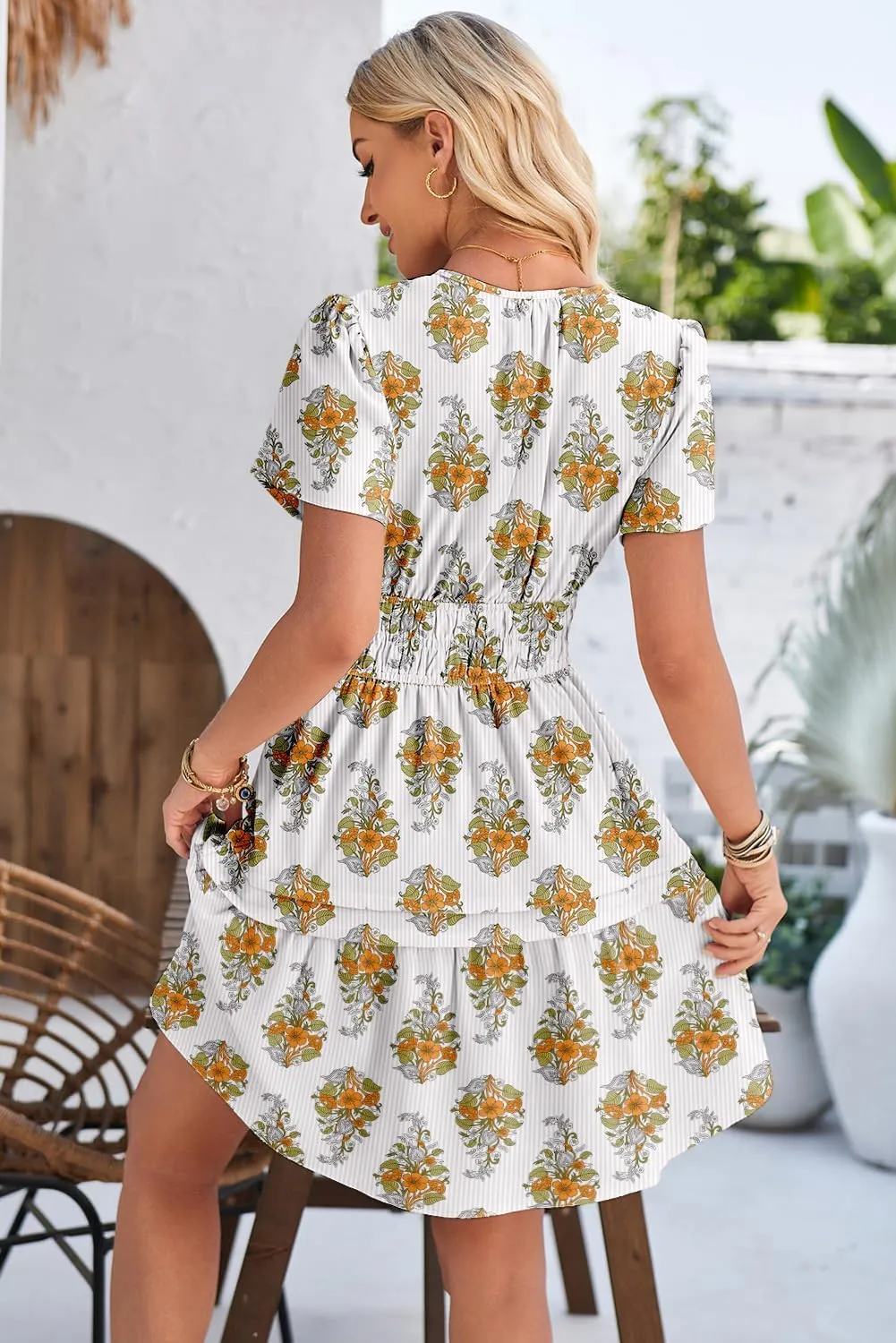 Duigluw Dresses for Women 2025 Casual Summer Short Sleeve V Neck Beach Mini A-Line Ruffle Flowy Dress
