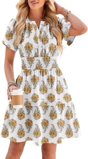 Duigluw Dresses for Women 2025 Casual Summer Short Sleeve V Neck Beach Mini A-Line Ruffle Flowy Dress