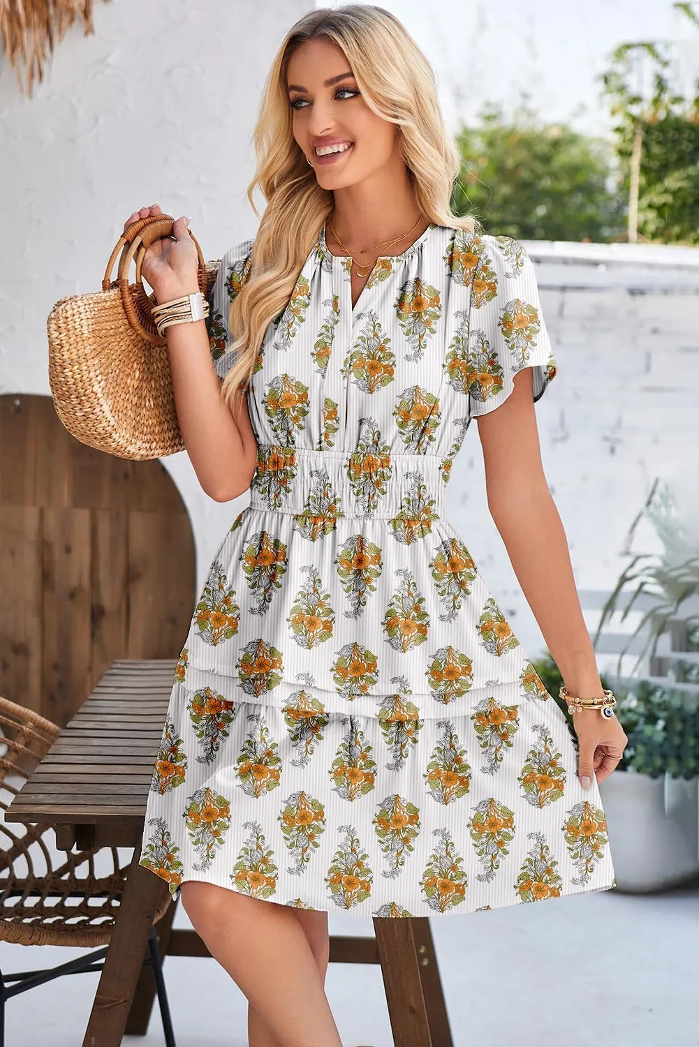 Duigluw Dresses for Women 2025 Casual Summer Short Sleeve V Neck Beach Mini A-Line Ruffle Flowy Dress