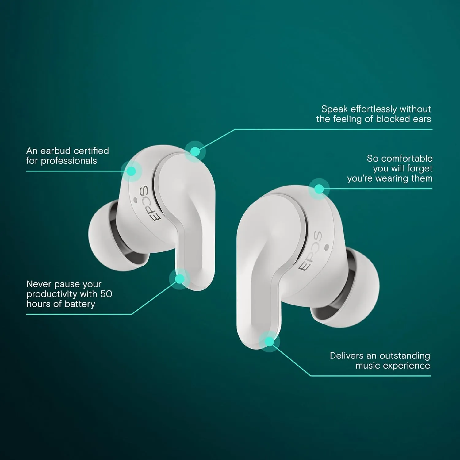 EPOS ADAPT E1 True Wireless Earbuds White - Hybrid ANC, Multi-Point Bluetooth, Microsoft Teams & Made for iPhone Certified, 50H Battery, Wireless Charging, Semi Open, USB C Dongle IPX5 Water Resistant