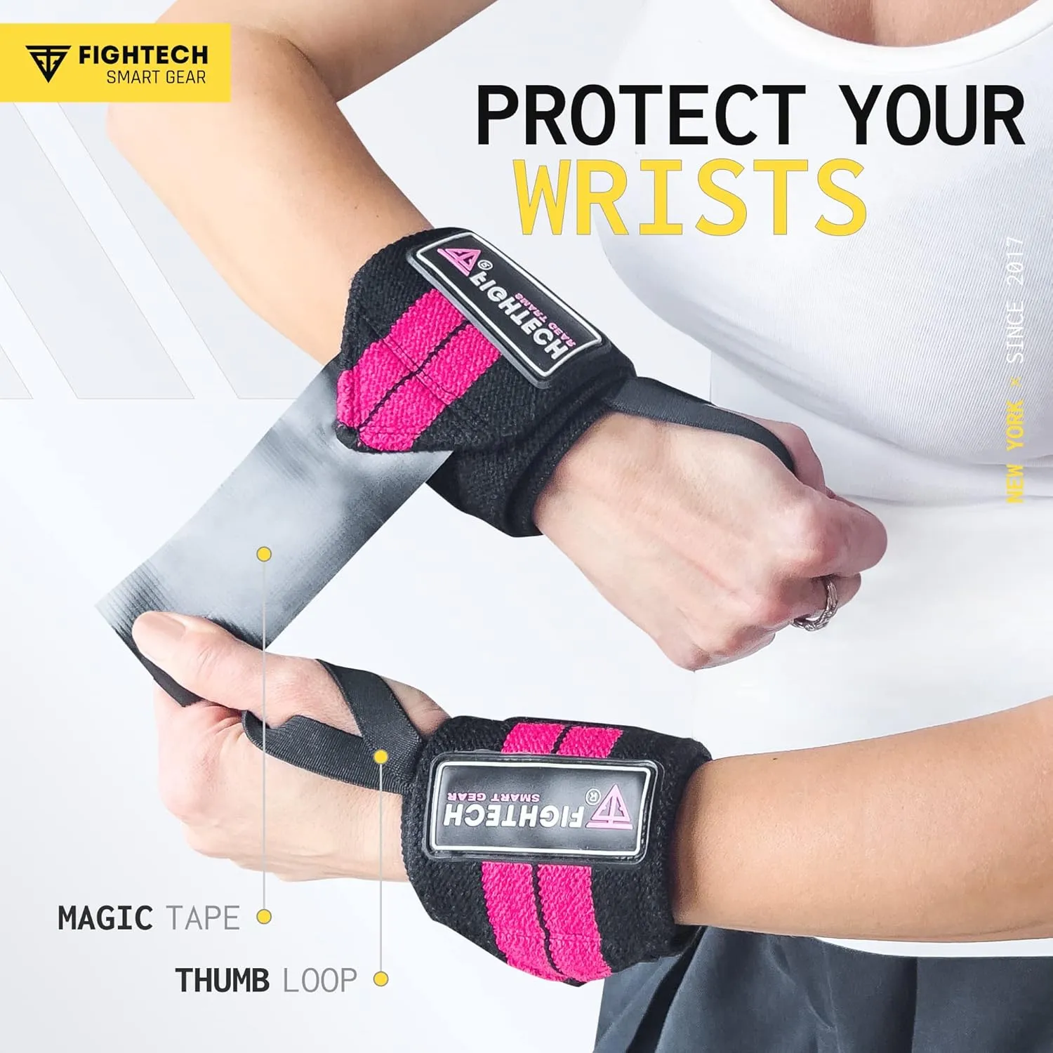 FIGHTECH Wrist Wraps for WeightLifting | 18 inch Professional Grade Lifting Wrist Wraps | Best for Powerlifting Competition, Strength Training, Bodybuilding (Pink, 18 Inch)