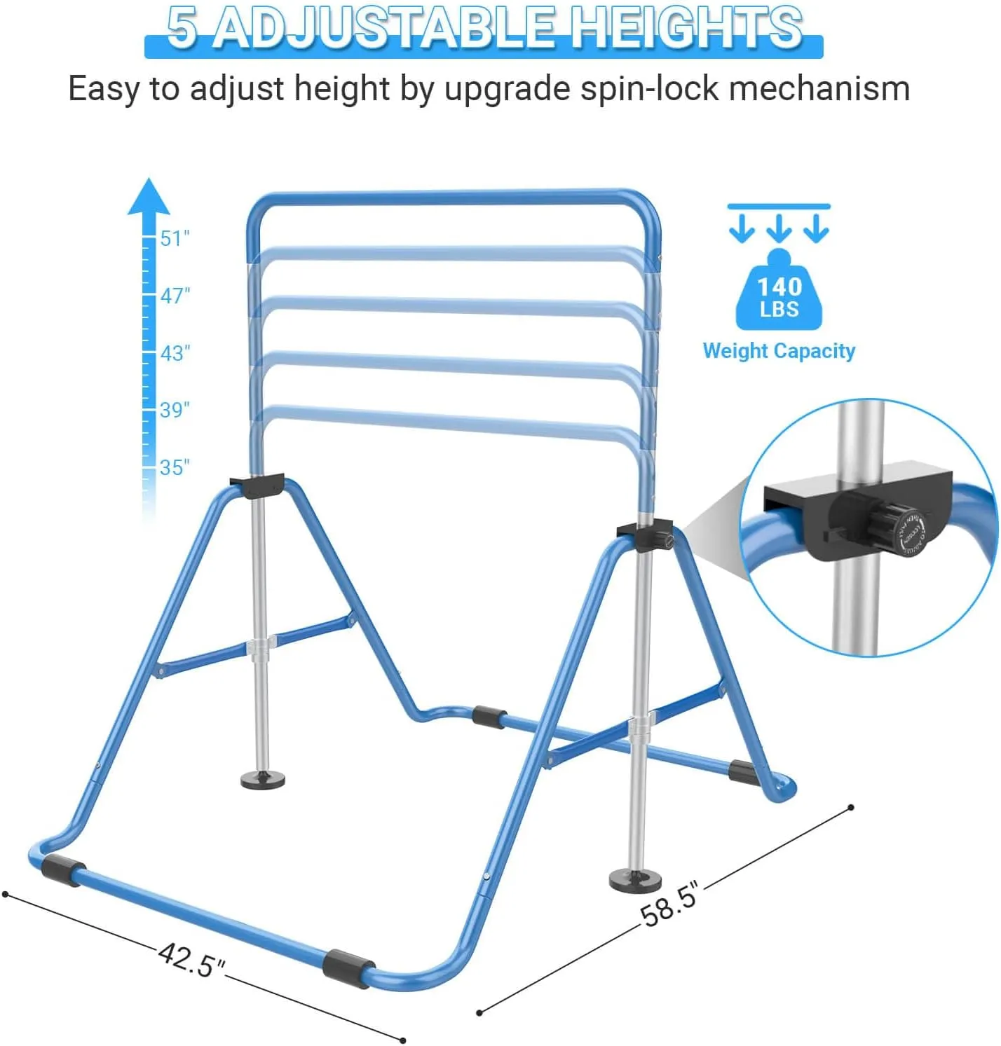 Foldable Gymnastics Bar, 5-Height Adjustable Gymnastic Bars for Kids at Home,Robust & Stable for Indoor/Outdoor Using,Weight Limit 140LBS