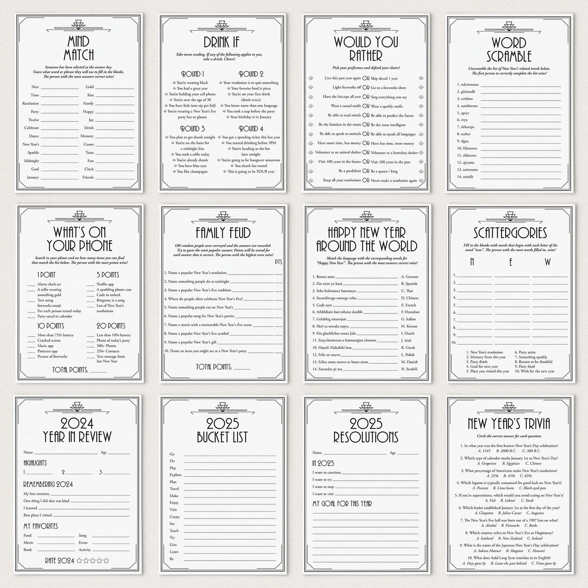 Gatsby New Year's Eve Party Games and Activities Bundle Printable