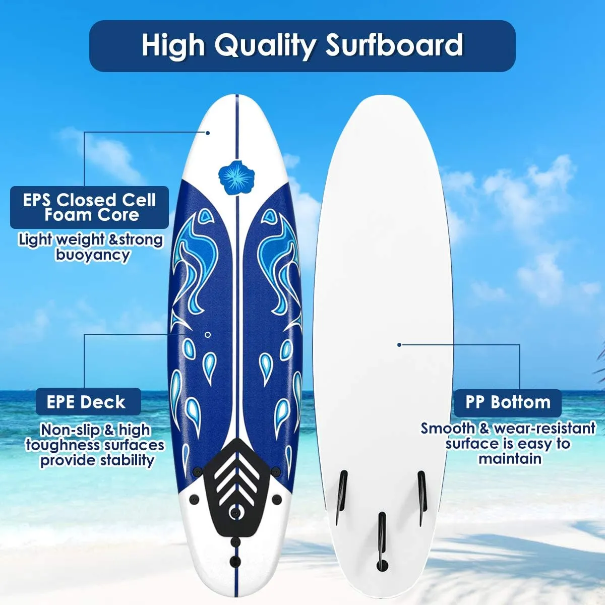 Giantex Surfboard, 6 Ft Stand Up Surfing Board with 3 Detachable Fins, Safety Leash, Non-Slip Lightweight Foam Surfboard for Kids, Teenager, Youth