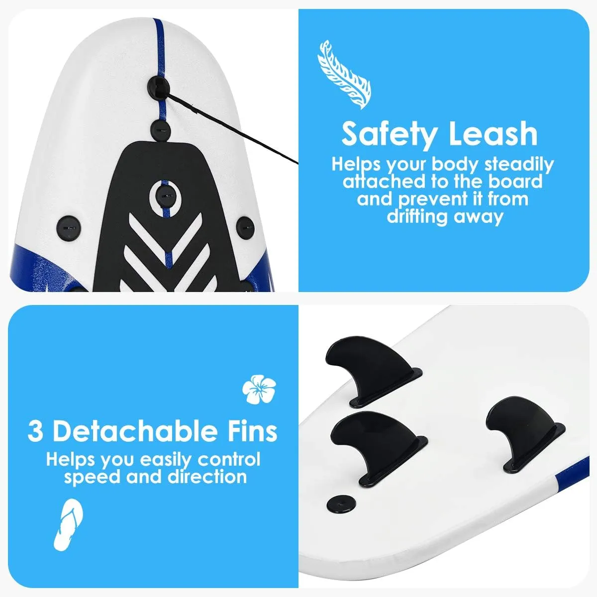 Giantex Surfboard, 6 Ft Stand Up Surfing Board with 3 Detachable Fins, Safety Leash, Non-Slip Lightweight Foam Surfboard for Kids, Teenager, Youth
