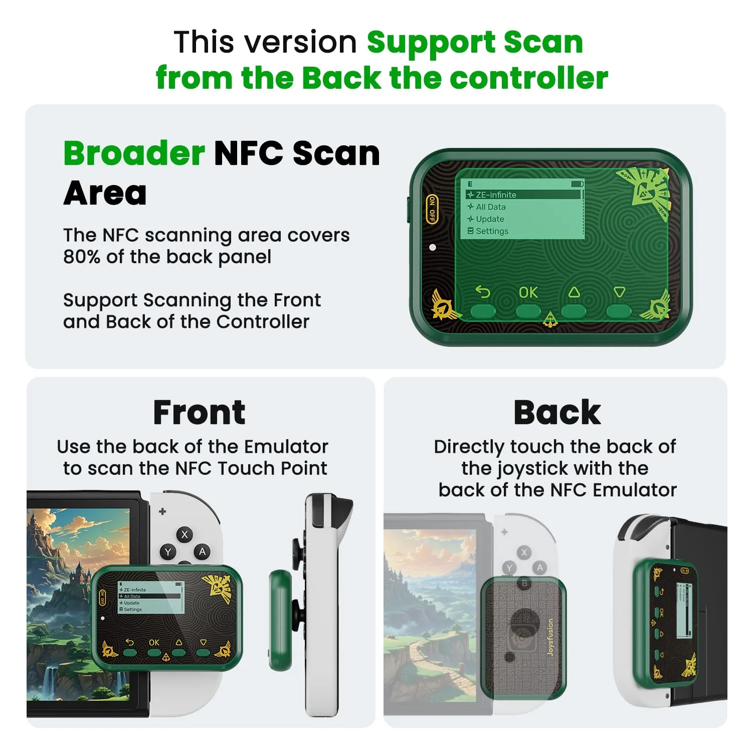 Joysfusion NFC Emulator, Store 3000 NFC Data, Support Ulimited Scan, 1.2" Screen, Easy Button Controls, Rechargeable for Endless Play, Compatible with 50  Games (Green)