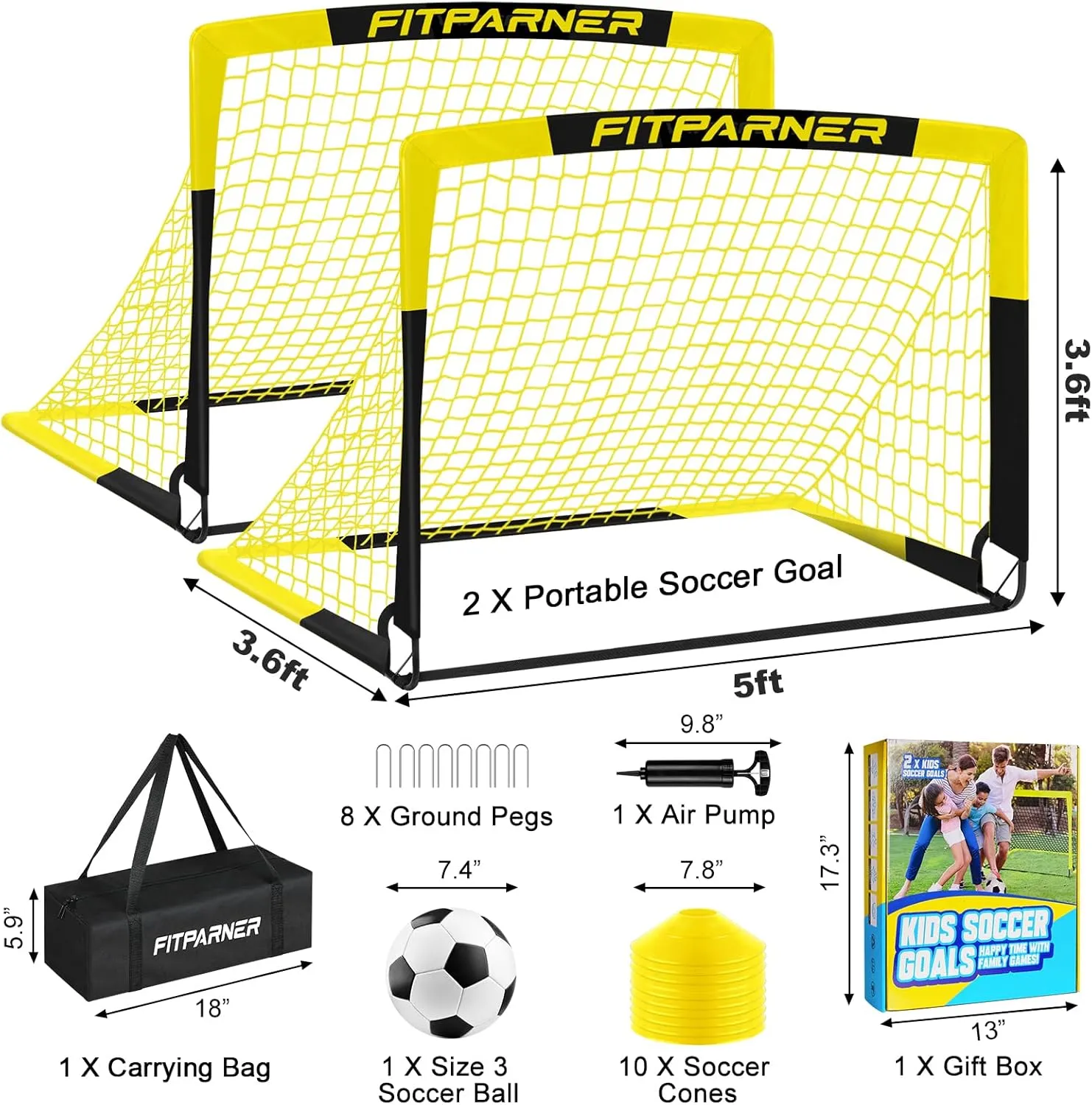 Kids Soccer Goals for Backyard Set - 2 Set of 5X3.6 ft Portable Soccer Nets for Kids Age 3-14,Complete Training Equipment Kit with Ball,Cones for Toddler Youth Outdoor Game