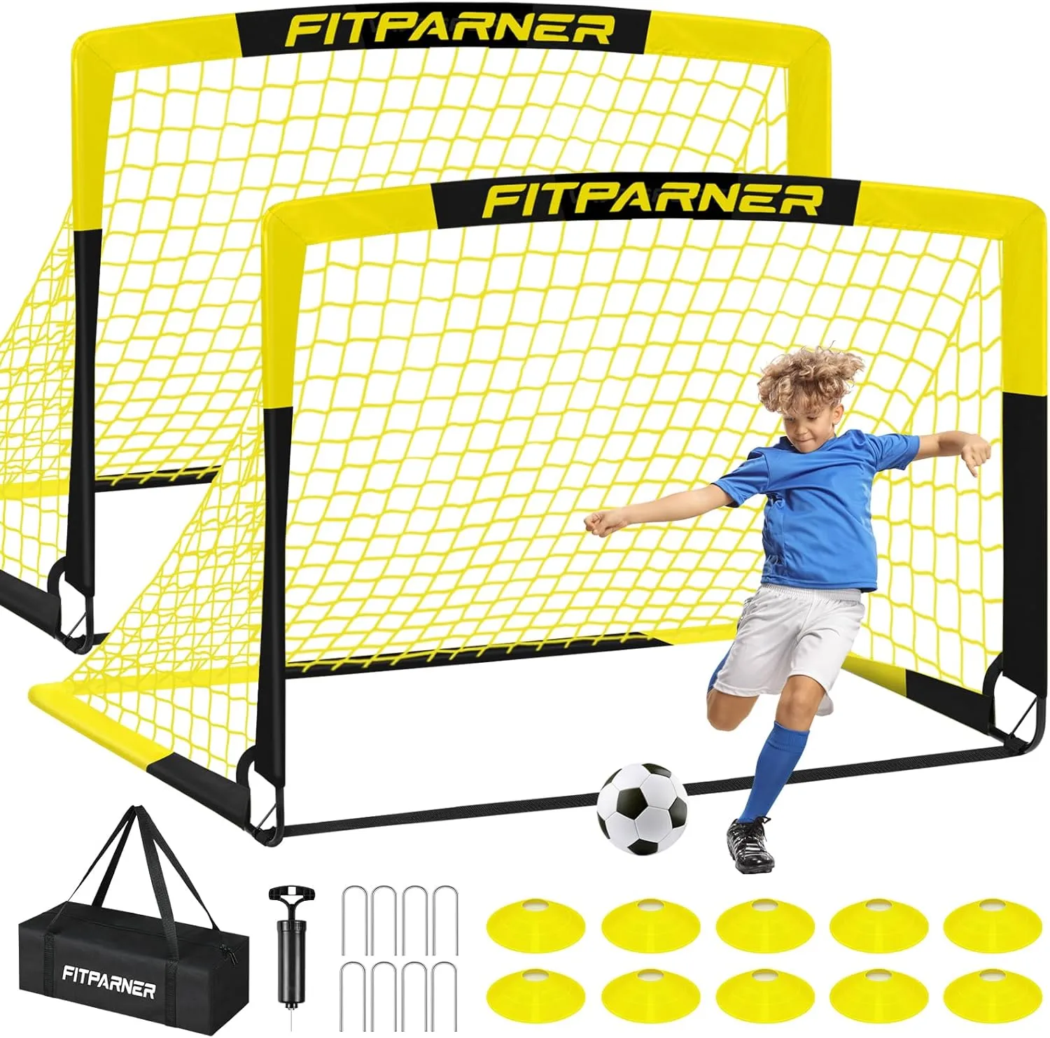 Kids Soccer Goals for Backyard Set - 2 Set of 5X3.6 ft Portable Soccer Nets for Kids Age 3-14,Complete Training Equipment Kit with Ball,Cones for Toddler Youth Outdoor Game
