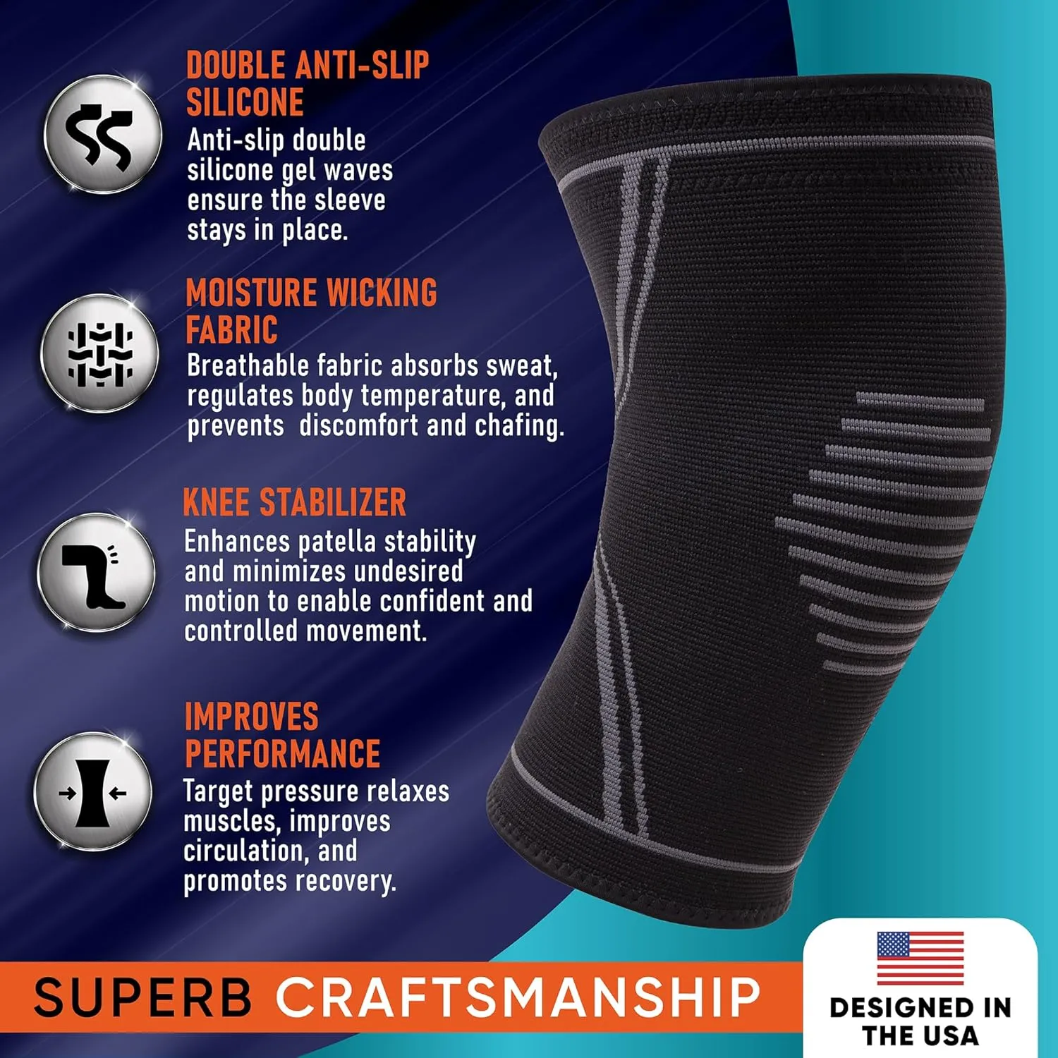 Knee Brace for Pain Relief - 2 Pack Knee Sleeves for Men and Women - Support for Weightlifting, Gym, Workout, Volleyball - Meniscus Tear, ACL, Arthritis