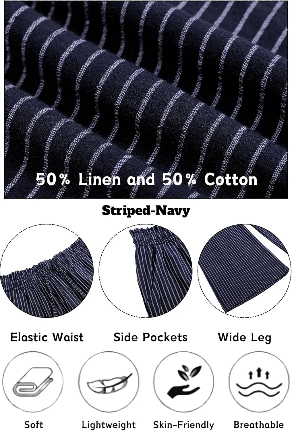 LNX Womens Linen Pants High Waisted Wide Leg Drawstring Casual Loose Trousers with Pockets