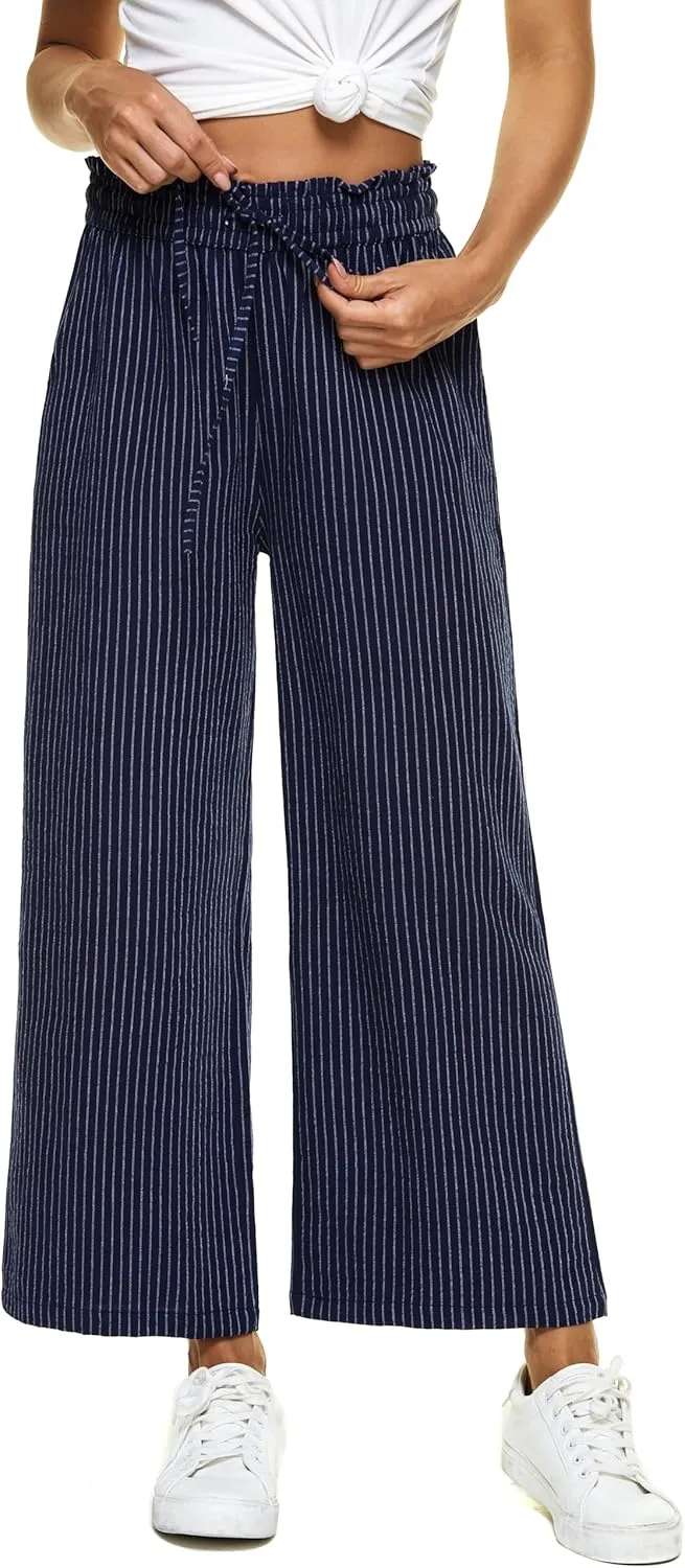 LNX Womens Linen Pants High Waisted Wide Leg Drawstring Casual Loose Trousers with Pockets