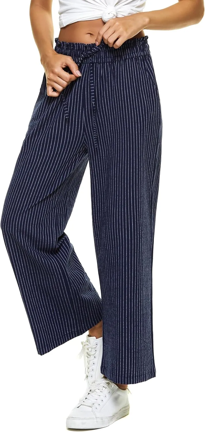 LNX Womens Linen Pants High Waisted Wide Leg Drawstring Casual Loose Trousers with Pockets