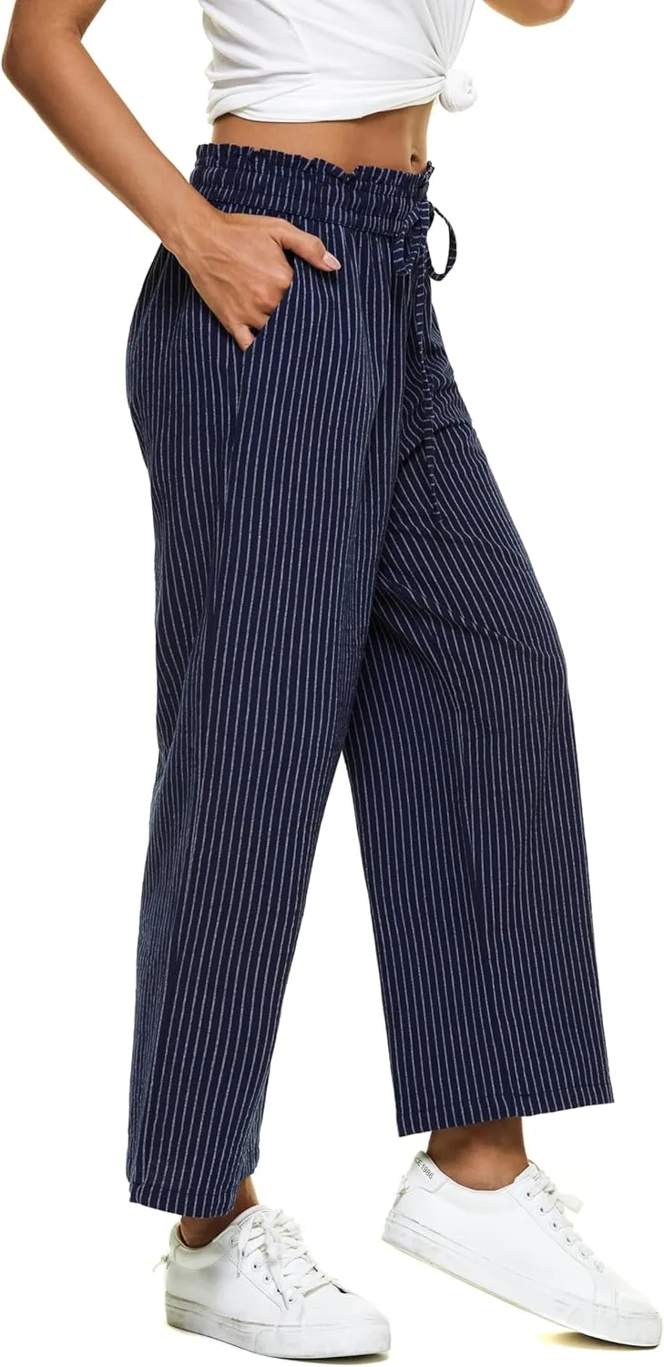 LNX Womens Linen Pants High Waisted Wide Leg Drawstring Casual Loose Trousers with Pockets