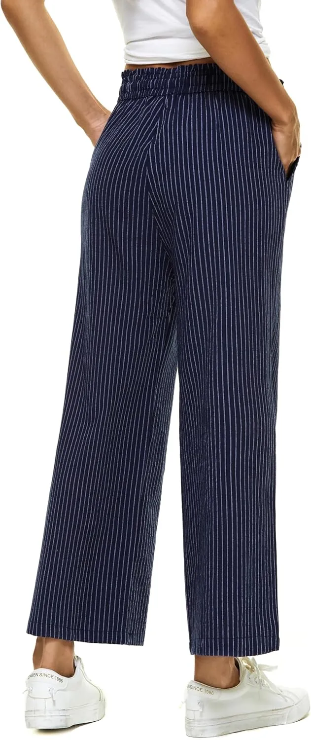 LNX Womens Linen Pants High Waisted Wide Leg Drawstring Casual Loose Trousers with Pockets