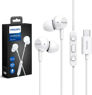 Philips USB C Earbuds Wired with Microphone, in Ear Type C Headphones with mic, Powerful Bass, Lightweight, USB-C Wired Earphones, 3-Button in-line Remote Ear Buds (White)