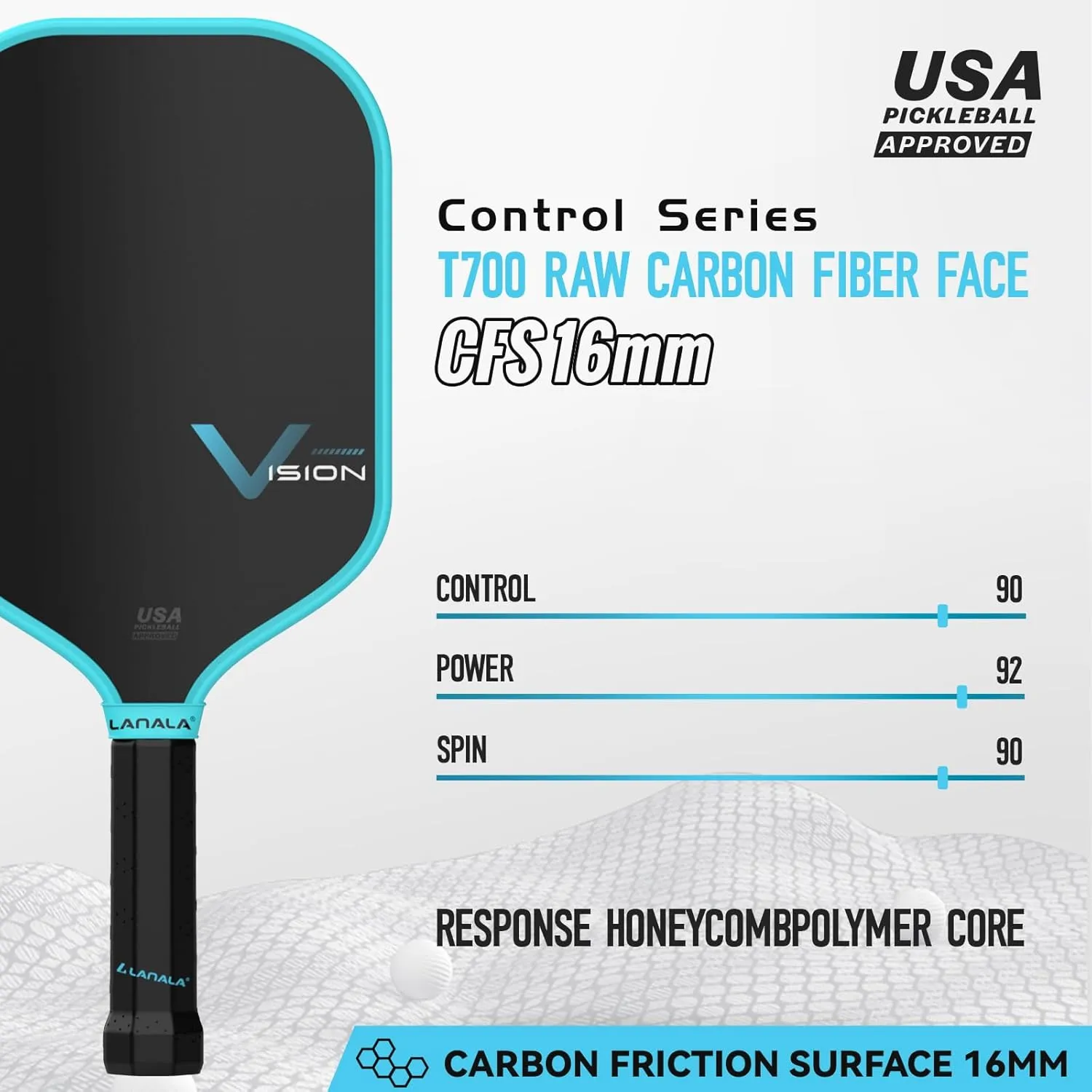 Pickleball Paddle, Raw Carbon Fiber T700 Abrasion-Resistant Surface, 16MM Polypropylene Honeycomb core, USAPA Approved, High Grit,The Pickleball Paddle Designed for Control Spin & Consistency