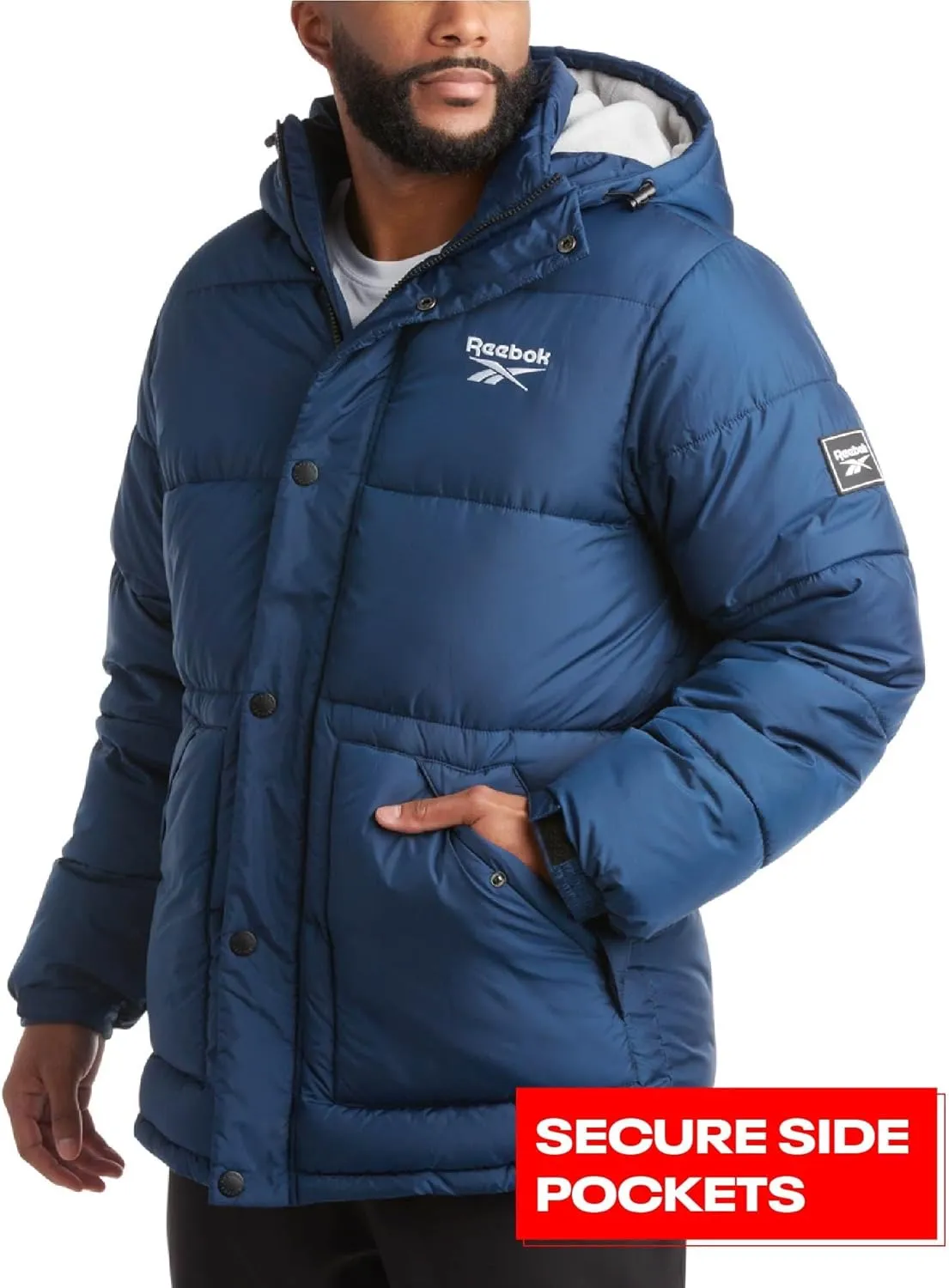 Reebok Mens Puffer Jacket - Heavyweight Quilted Mens Jacket with Hood - Weather Resistant Parka Winter Jackets for Men