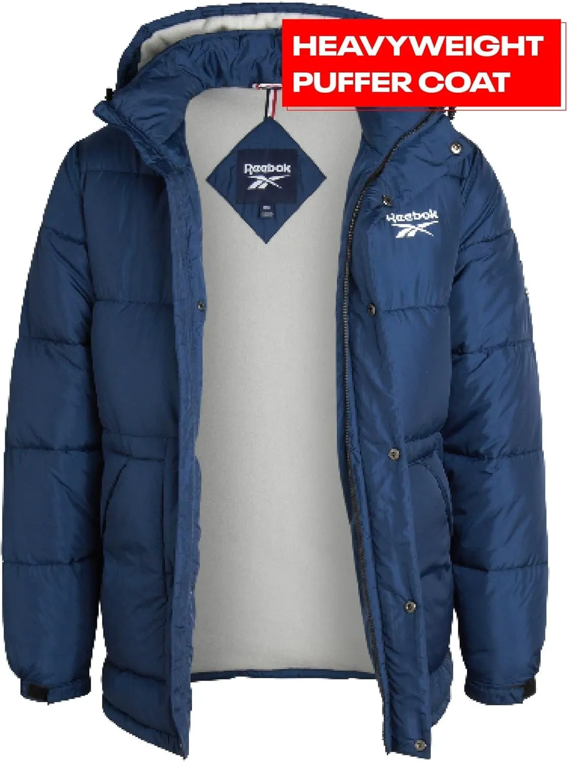 Reebok Mens Puffer Jacket - Heavyweight Quilted Mens Jacket with Hood - Weather Resistant Parka Winter Jackets for Men