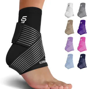 Sleeve Stars Ankle Brace for Sprained Ankle, Plantar Fasciitis Relief Ankle Support for Women, Ankle Compression Sleeve w/ Strap (Pair/Black)