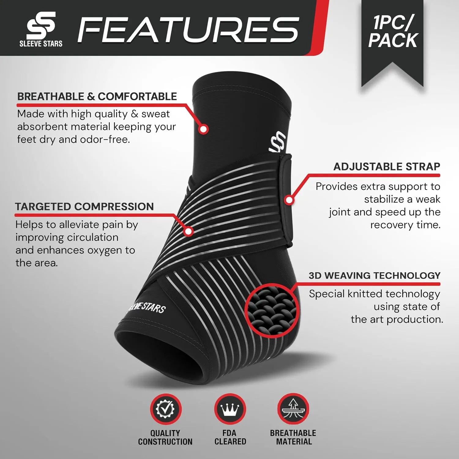 Sleeve Stars Ankle Brace for Sprained Ankle, Plantar Fasciitis Relief Ankle Support for Women, Ankle Compression Sleeve w/ Strap (Pair/Black)