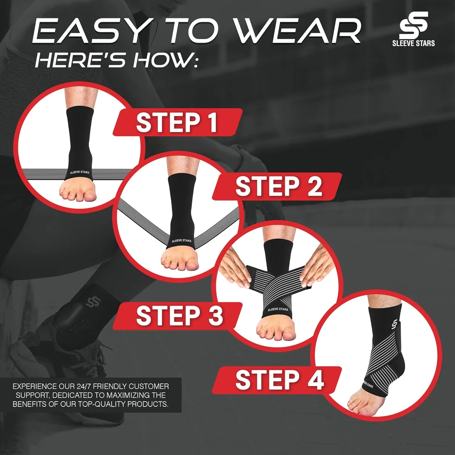 Sleeve Stars Ankle Brace for Sprained Ankle, Plantar Fasciitis Relief Ankle Support for Women, Ankle Compression Sleeve w/ Strap (Pair/Black)