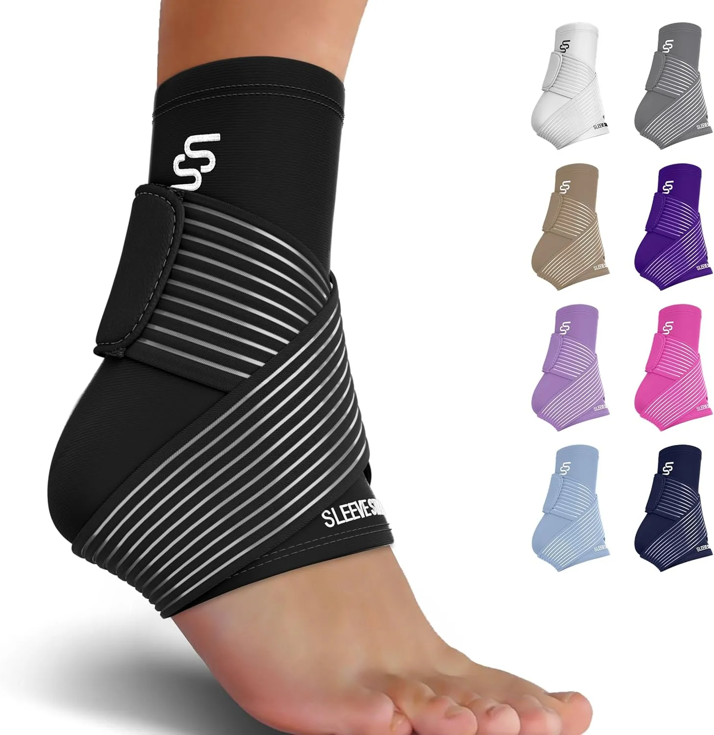 Sleeve Stars Ankle Brace for Sprained Ankle, Plantar Fasciitis Relief Ankle Support for Women, Ankle Compression Sleeve w/ Strap (Pair/Black)