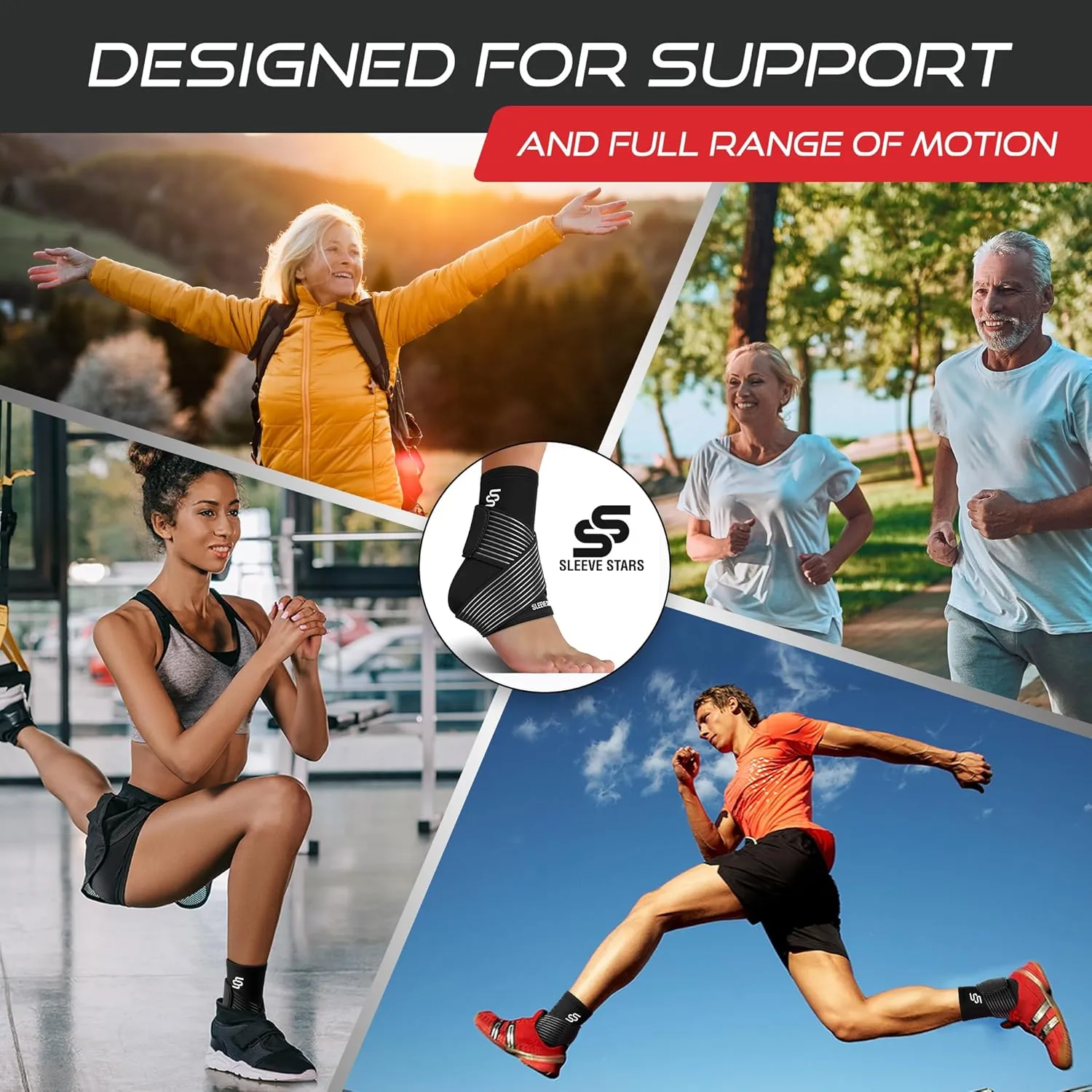 Sleeve Stars Ankle Brace for Sprained Ankle, Plantar Fasciitis Relief Ankle Support for Women, Ankle Compression Sleeve w/ Strap (Pair/Black)