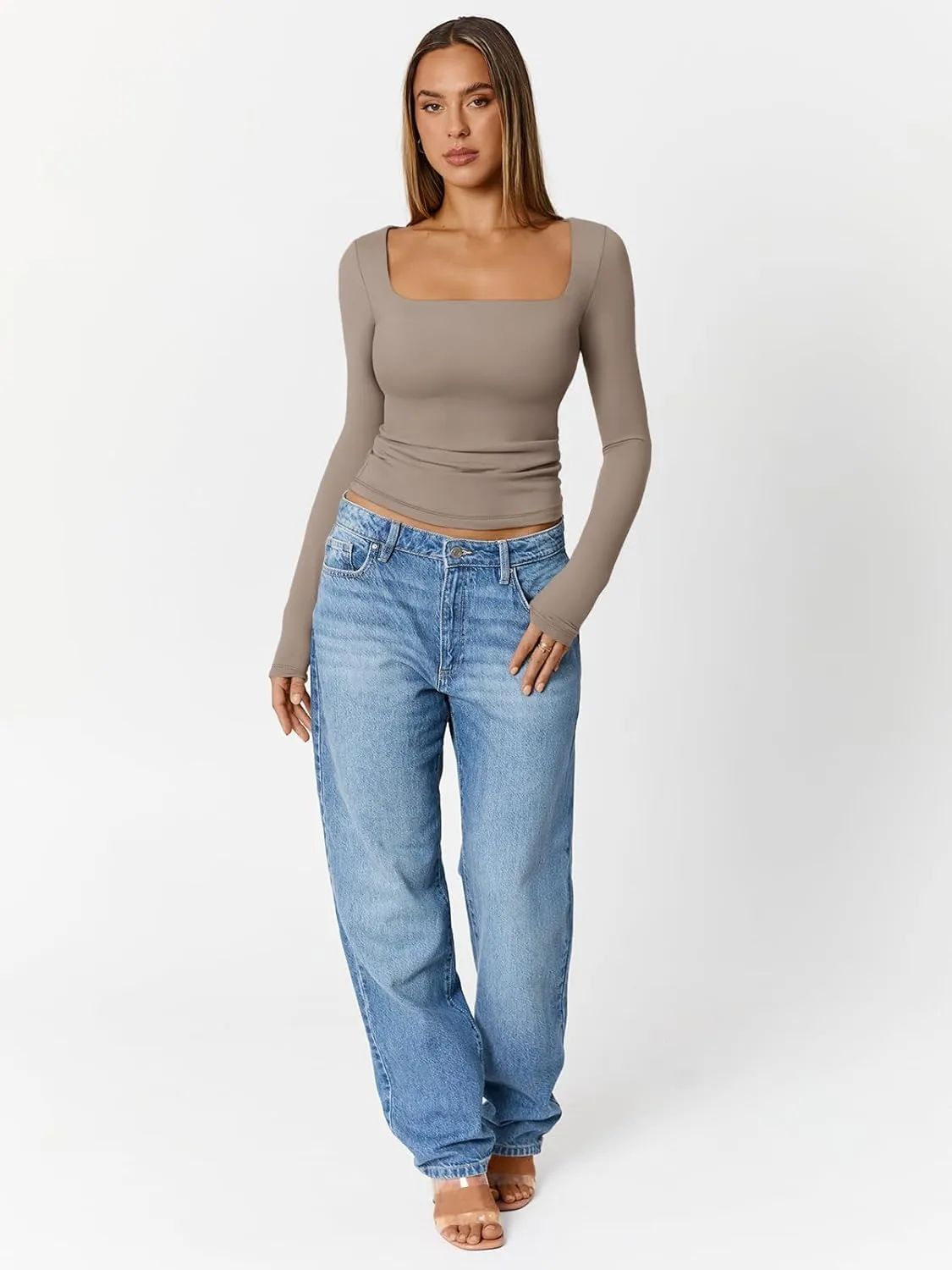 Trendy Queen Womens Double Lined Square Neck Long Sleeve Slightly Crop Slim Fit Tops Casual Layer Basic Tee Shirts 2025