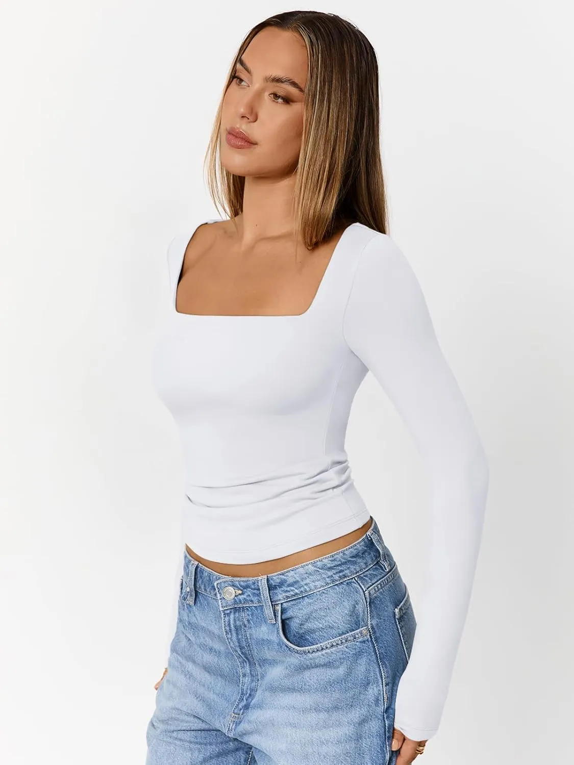 Trendy Queen Womens Double Lined Square Neck Long Sleeve Slightly Crop Slim Fit Tops Casual Layer Basic Tee Shirts 2025