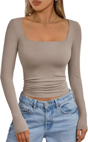 Trendy Queen Womens Double Lined Square Neck Long Sleeve Slightly Crop Slim Fit Tops Casual Layer Basic Tee Shirts 2025