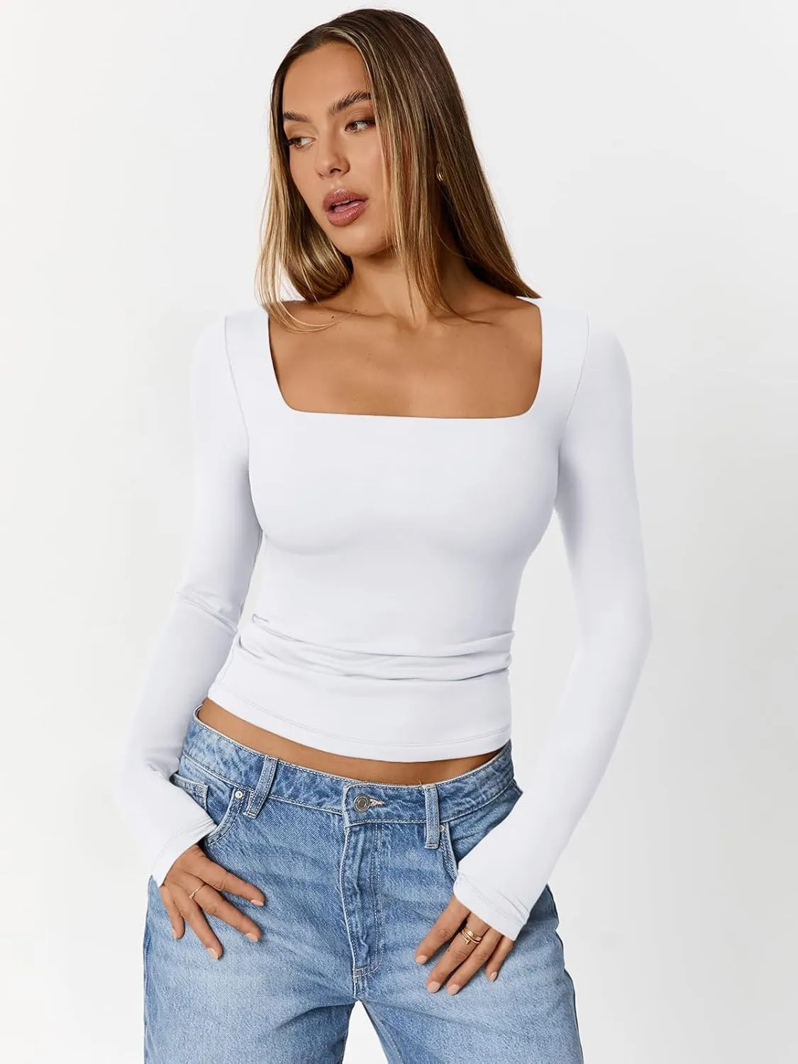 Trendy Queen Womens Double Lined Square Neck Long Sleeve Slightly Crop Slim Fit Tops Casual Layer Basic Tee Shirts 2025