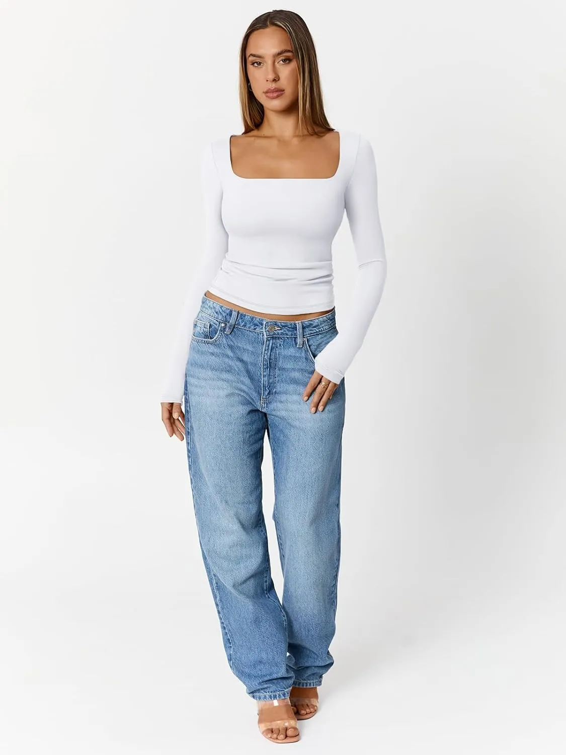 Trendy Queen Womens Double Lined Square Neck Long Sleeve Slightly Crop Slim Fit Tops Casual Layer Basic Tee Shirts 2025