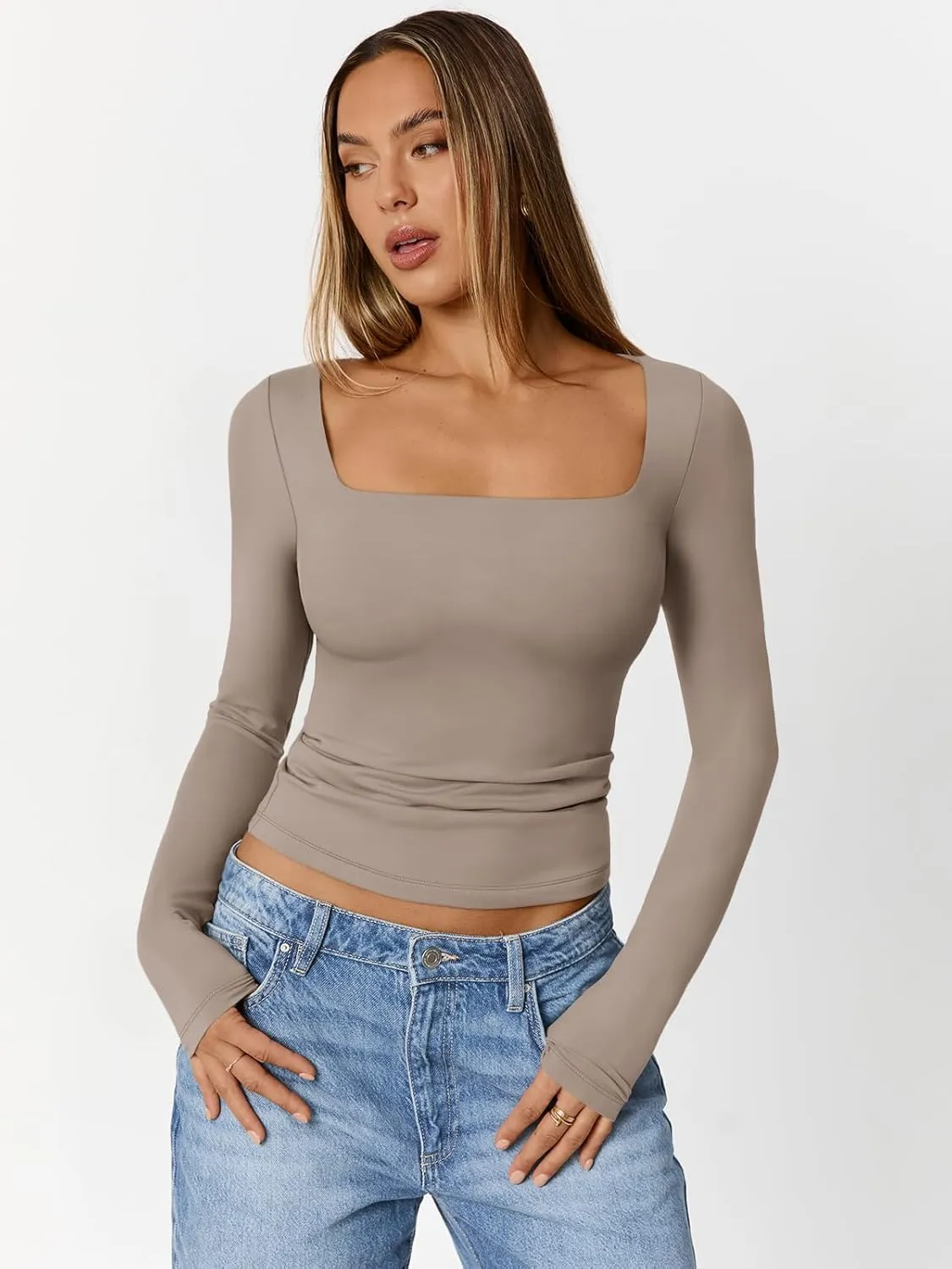 Trendy Queen Womens Double Lined Square Neck Long Sleeve Slightly Crop Slim Fit Tops Casual Layer Basic Tee Shirts 2025