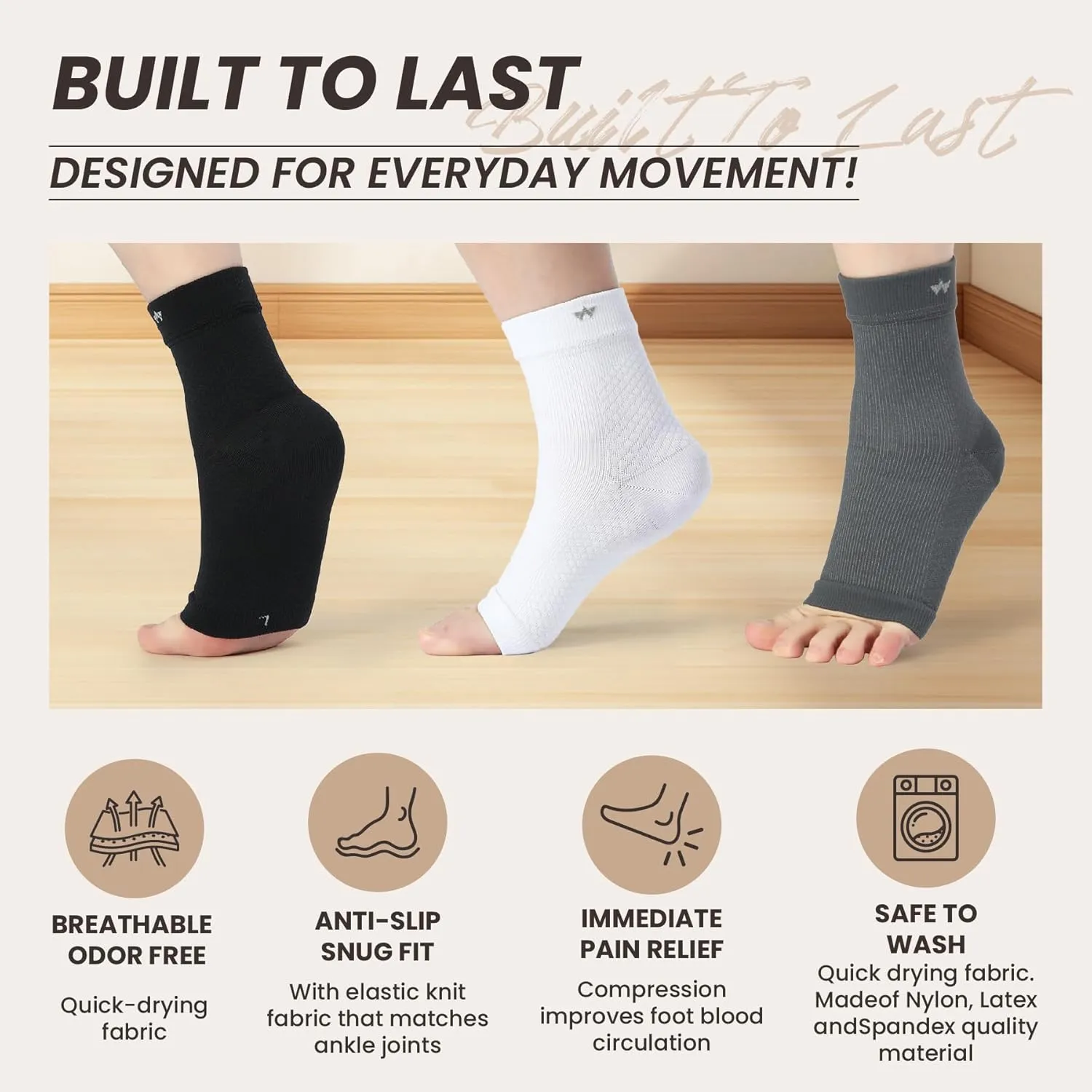 WANDER Compression Socks for Plantar Fasciitis, 2 Pairs Foot & Ankle Brace Socks for Sprained - Achilles Tendonitis Relief Heel Spurs, Foot Swelling & Fatigue Arch, Support Brace Ankle Sleeve