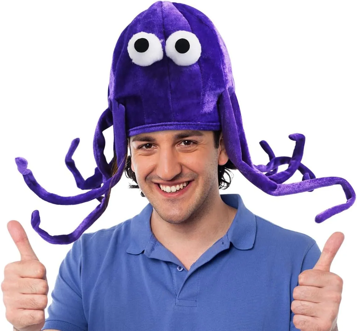 Whimsical Purple Octopus Squid Plush Hat. Playful Costume Accessory Cap for Memorable Celebrations. Comfortable Fit with Easy-To-Wear Design. Ideal for Easter, Halloween, Christmas, Cosplay etc.
